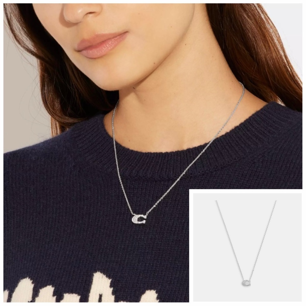 NWT Coach Silver Pave Signature Pendant Necklace